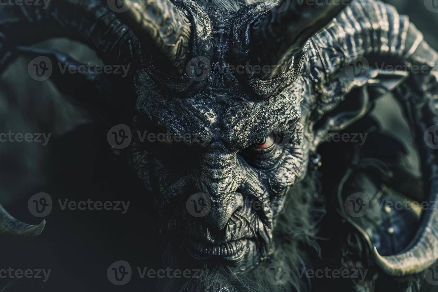 A fierce mythical creature with prominent horns and textured skin stands in a shadowy forest during twilight, exuding an aura of mystery and power photo