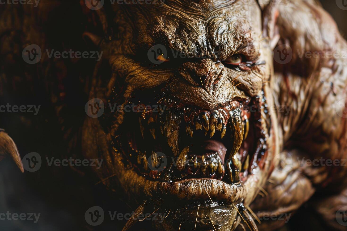 The creature with sharp teeth and a menacing expression looms in a shadowy environment, showcasing its terrifying features and finely detailed skin texture photo