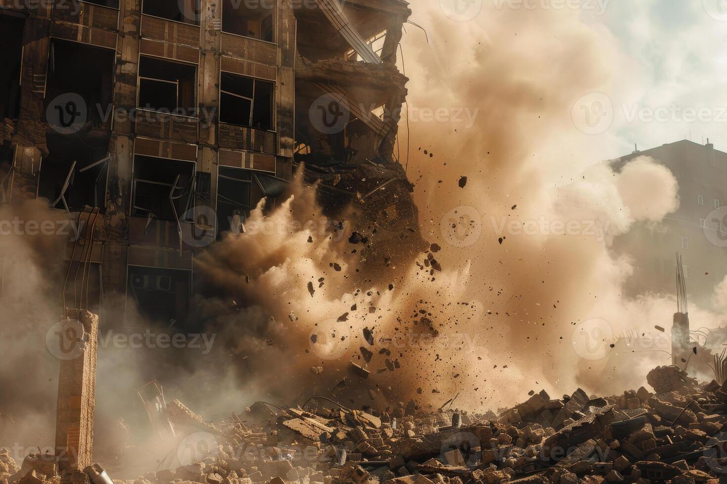 The controlled demolition of a tall structure releases large plumes of dust and flying debris into the sunny urban sky, showcasing the violent collapse of concrete photo