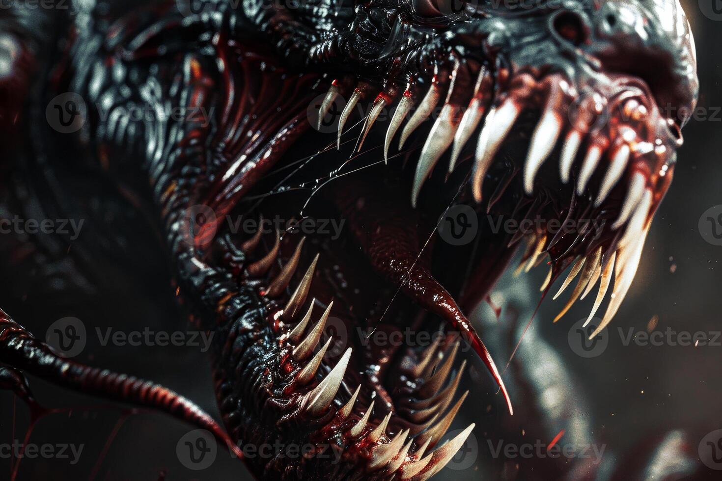 A monstrous creature displays its terrifying jaws filled with sharp, bloodied teeth, poised to attack in a shadowy environment, invoking fear and awe photo
