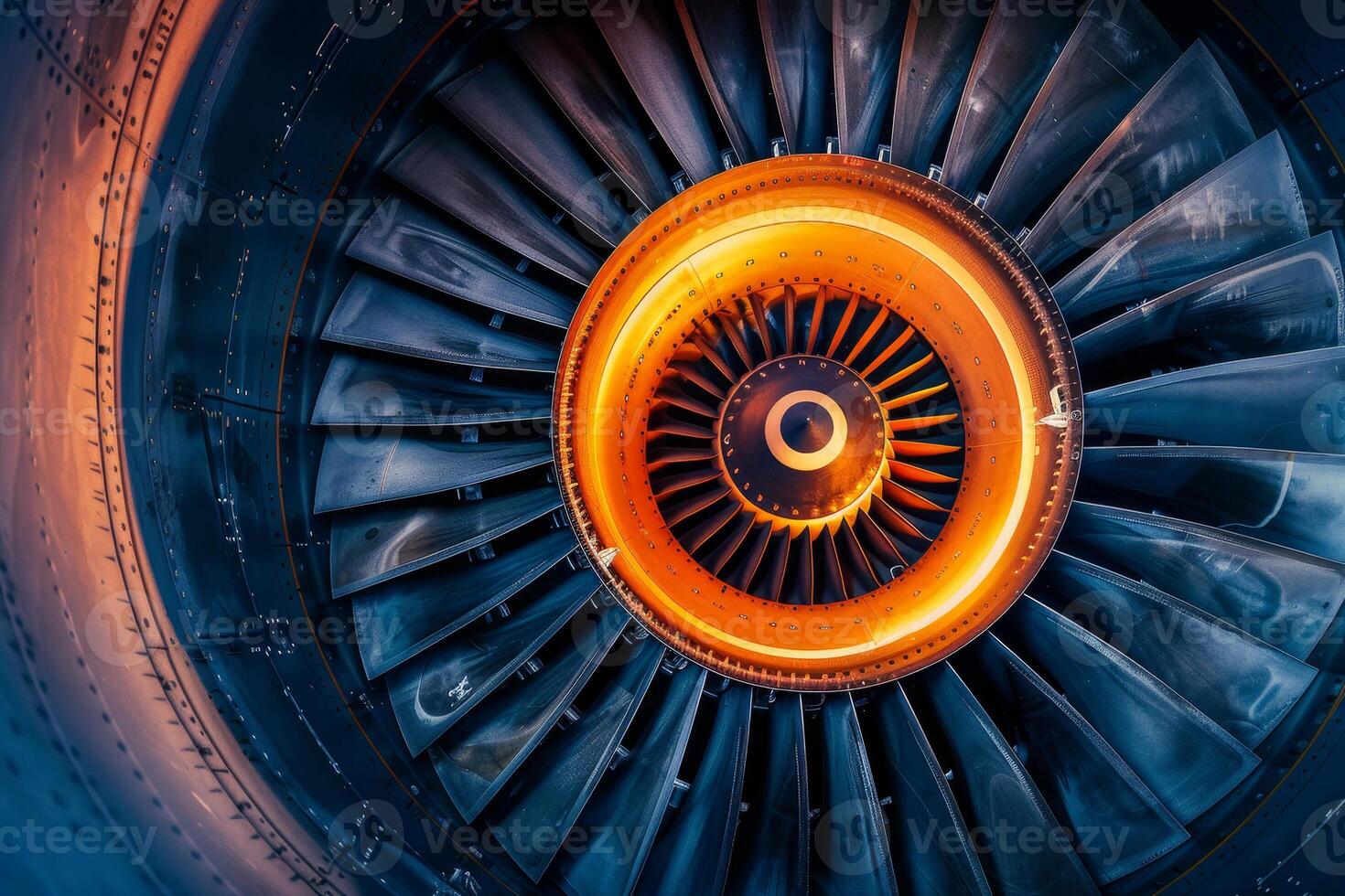 A detailed view of a jet engine turbine highlights the complex structure of the blades, featuring bright orange and deep blue hues, emphasizing advanced aerospace engineering photo