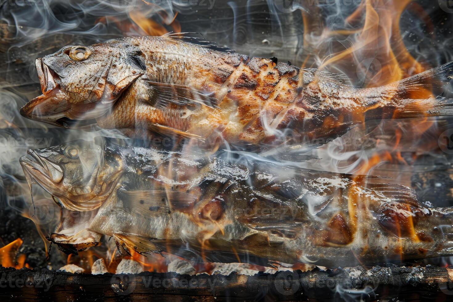 Two whole fish are sizzling on a grill over a hot fire, surrounded by swirling smoke. The vibrant flames add a rustic touch to this outdoor cooking experience photo