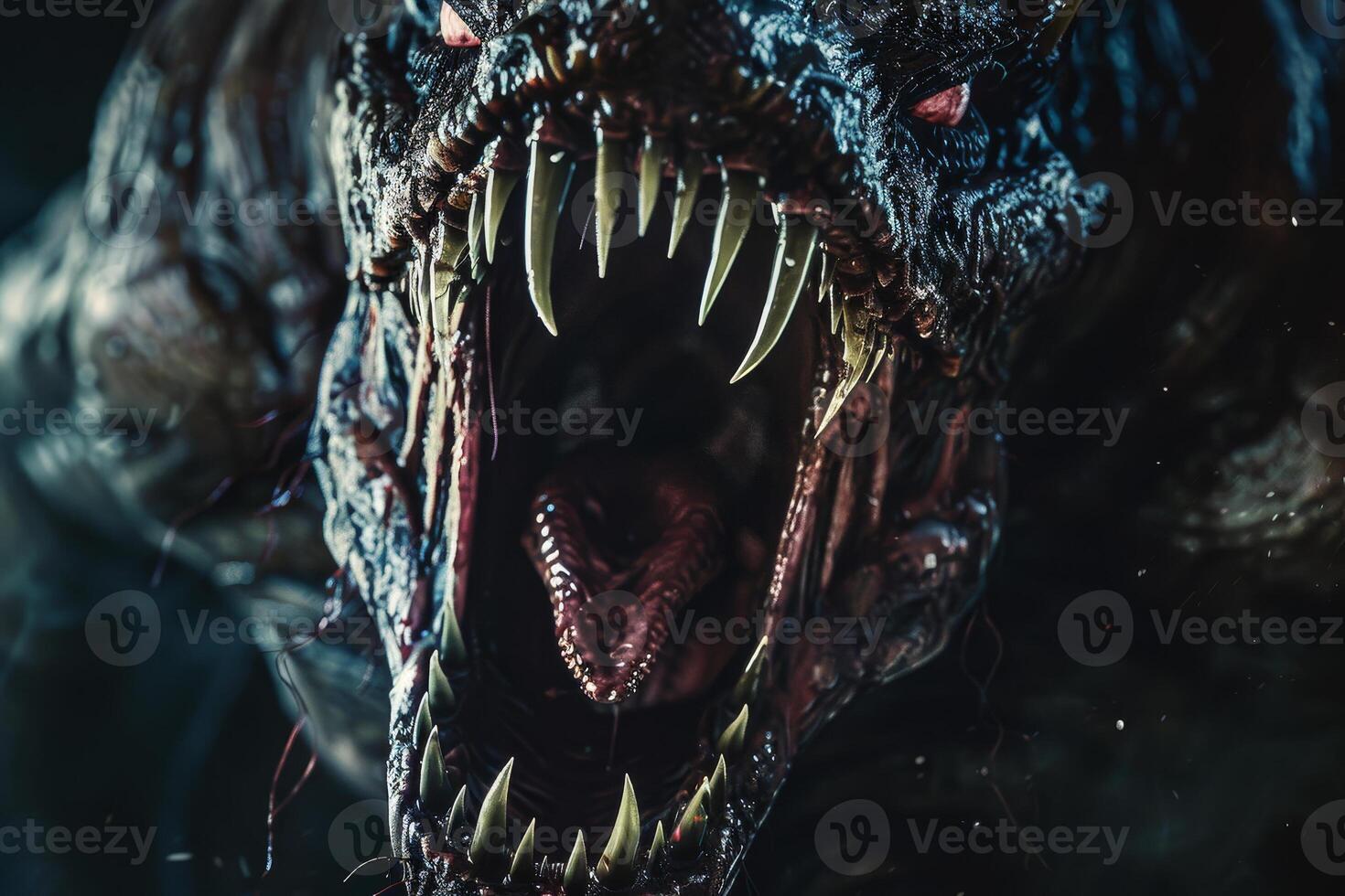 The monstrous figure looms with its gaping mouth wide open, revealing sharp fangs and a threatening demeanor as it stands in shadows, creating an eerie, intense atmosphere photo