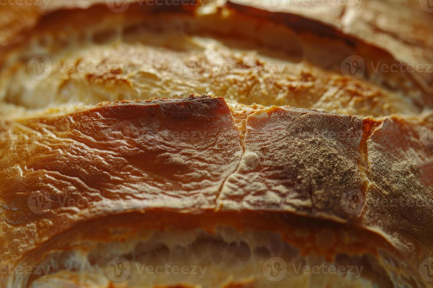 The loaf of artisan bread showcases a well-browned crust and inviting texture. It is placed on a rustic wooden board, highlighting its artisanal quality and freshness photo