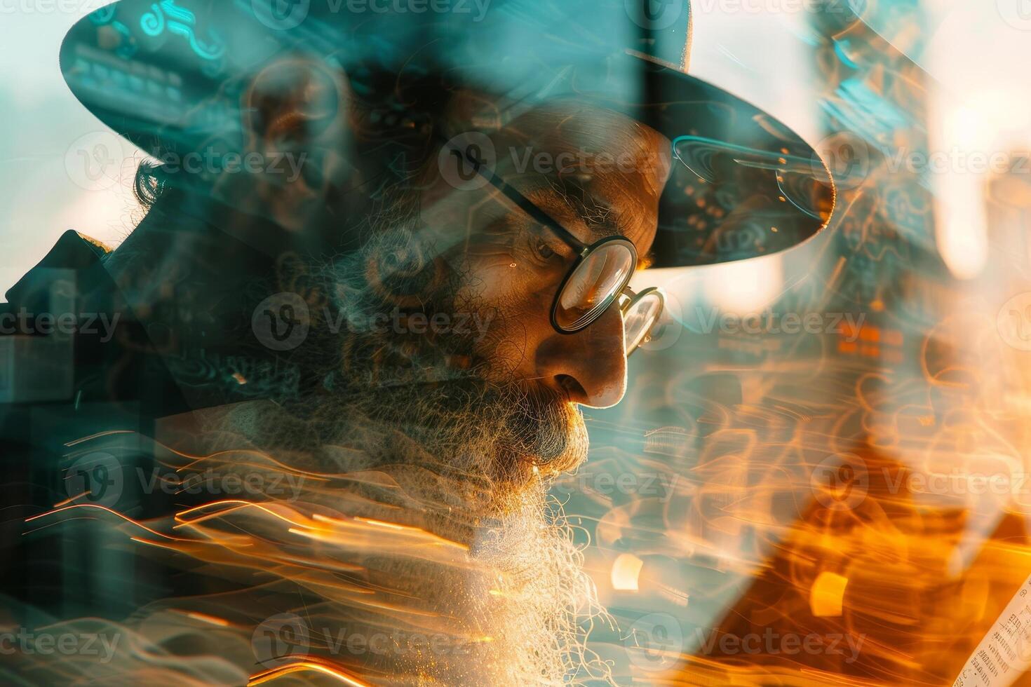 A man with a long beard and glasses engages deeply with a book, bathed in warm light as the city skyline glimmers in the background during sunset photo