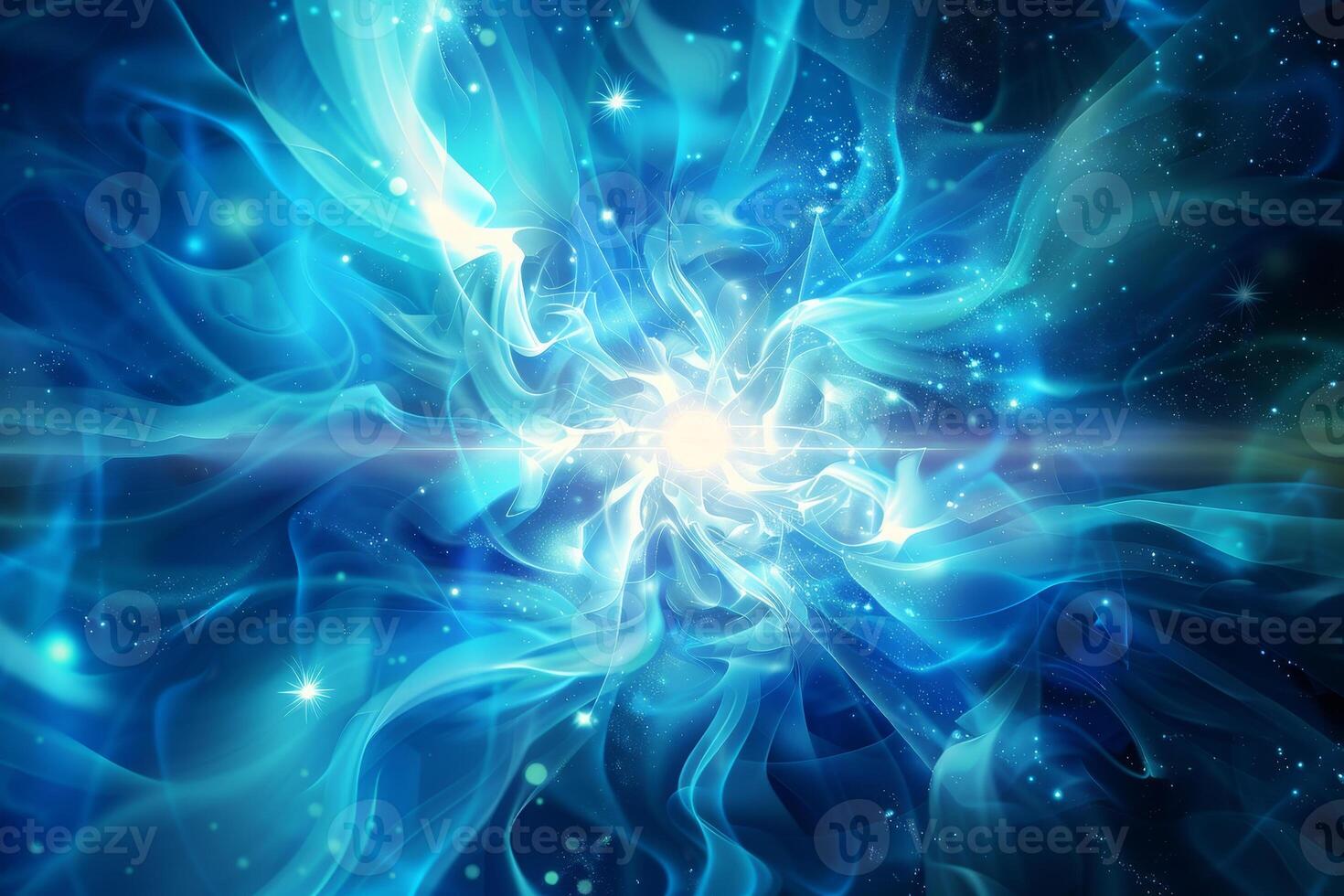 A mesmerizing display of swirling blue light and energy unfolds, capturing the essence of cosmic phenomena. This scene immerses viewers in a vibrant, otherworldly atmosphere photo
