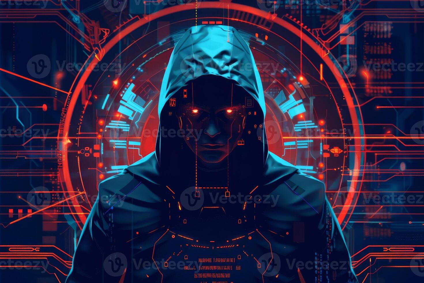 A mysterious figure cloaked in dark attire stands amidst vibrant red and purple digital graphics, conveying a cyberpunk atmosphere in a futuristic environment photo