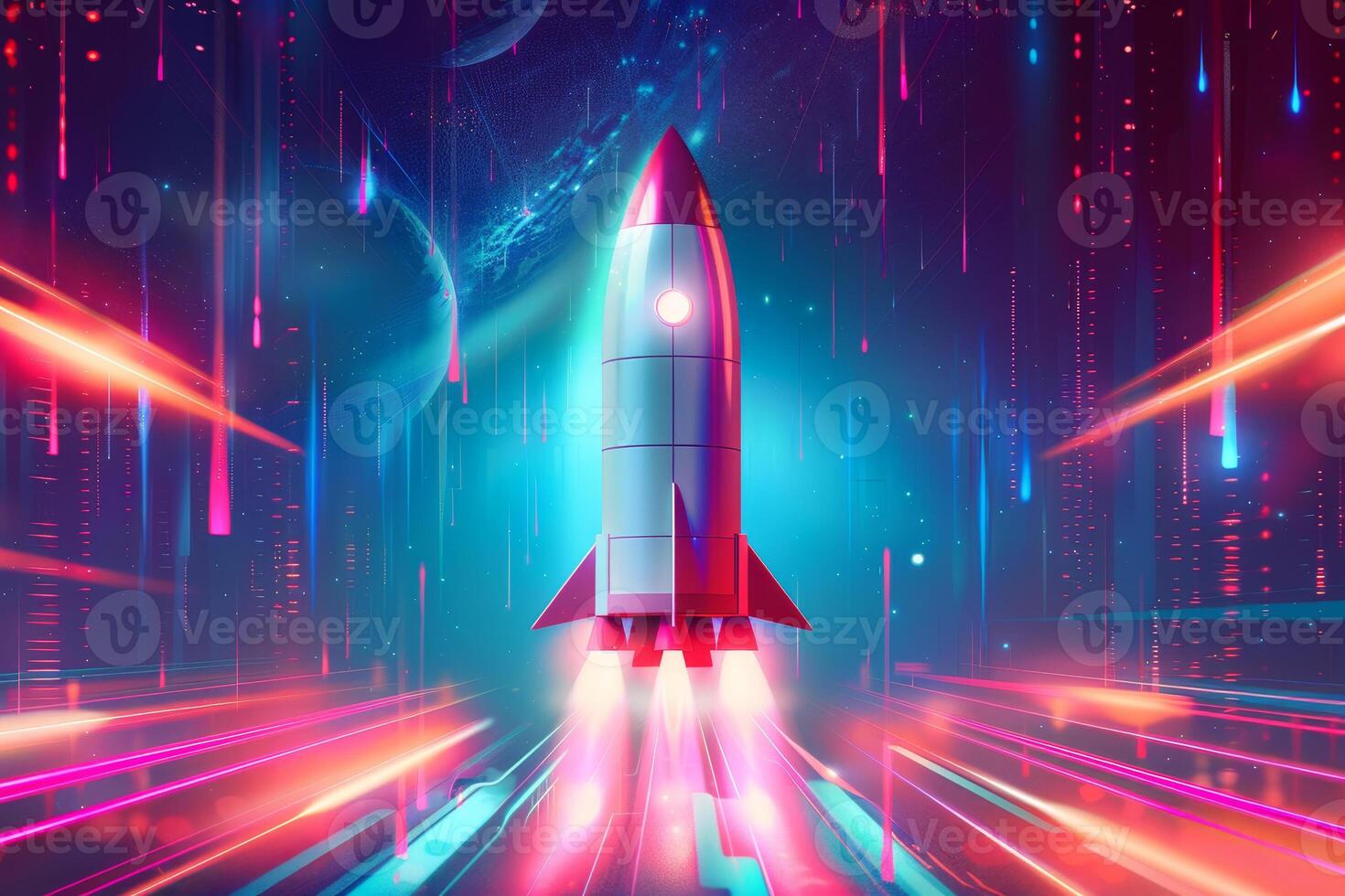 A sleek rocket ascends rapidly amidst a dazzling array of colorful lights and digital effects, evoking a sense of adventure and exploration in a cosmic environment photo