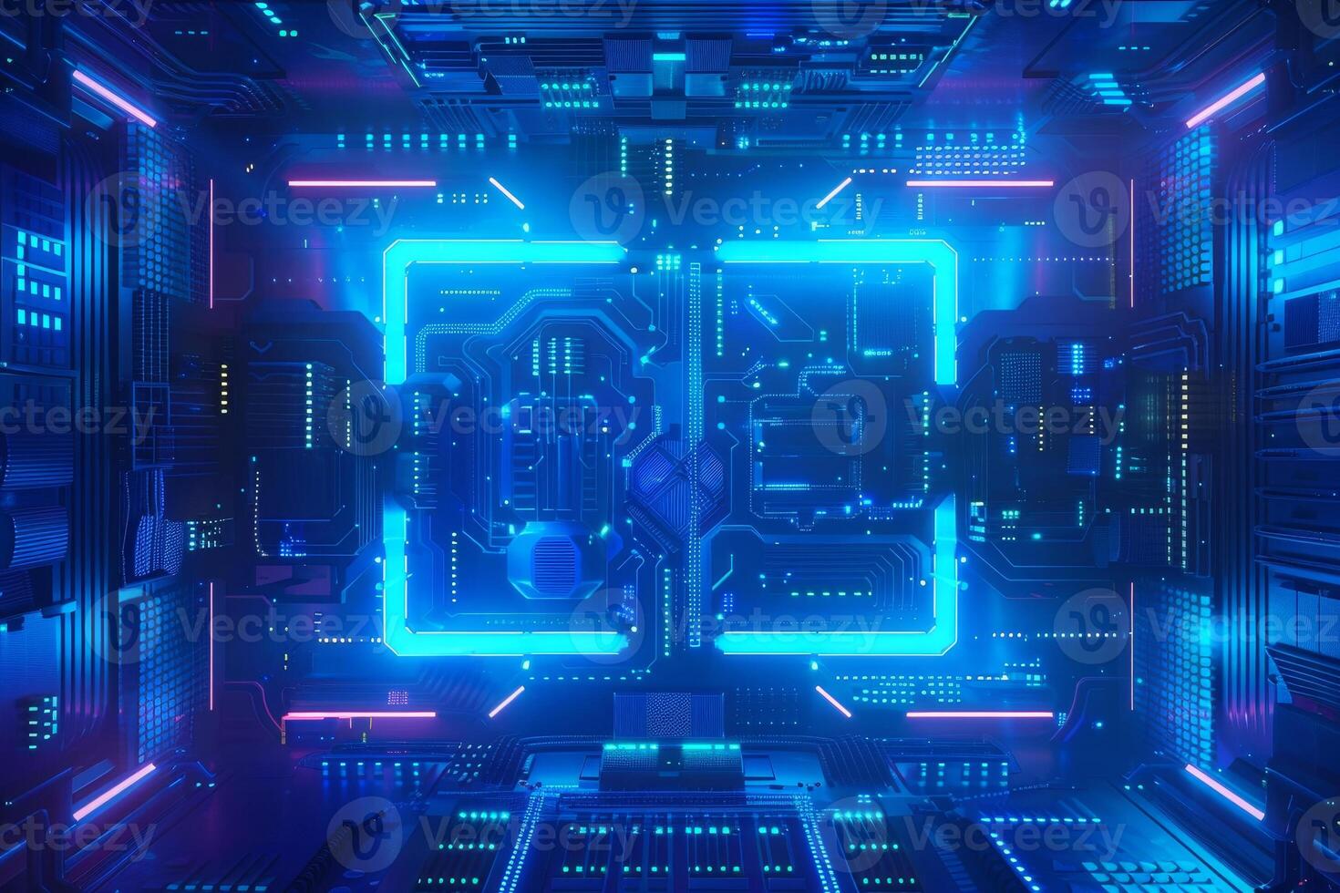 Bright blue and neon lights illuminate a complex circuit board, creating a high-tech atmosphere reminiscent of a sci-fi universe, evoking innovation and modernity photo