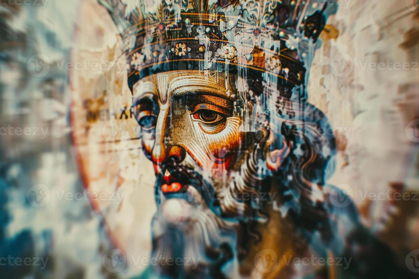 The artwork depicts a solemn king with a detailed crown and piercing gaze, reflecting a rich history within a sacred cultural setting, showcasing ancient artistry photo