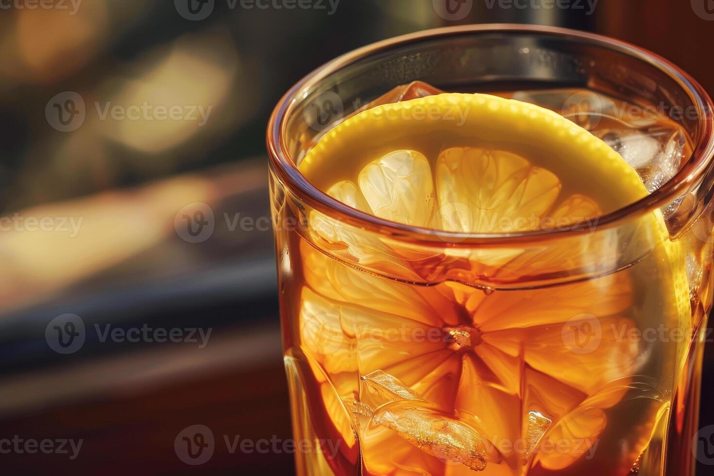 A glass of iced tea filled with ice cubes and adorned with fresh lemon slices sits beside a window, offering a refreshing drink perfect for a sunny day photo