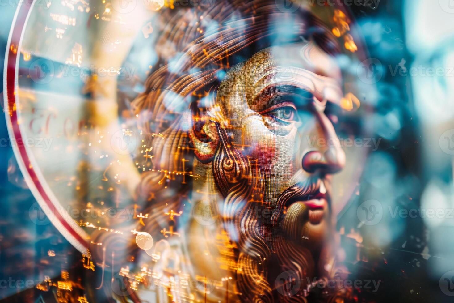 This artwork features an expressive portrait of a saint with meticulous details and golden decorations, creating a tranquil yet captivating atmosphere photo