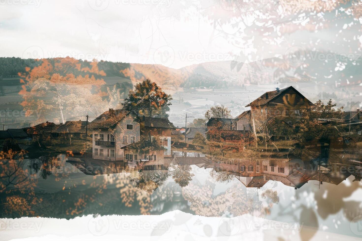 The tranquil countryside showcases charming houses surrounded by vibrant autumn foliage, mirrored beautifully in the still water below under a soft afternoon light photo