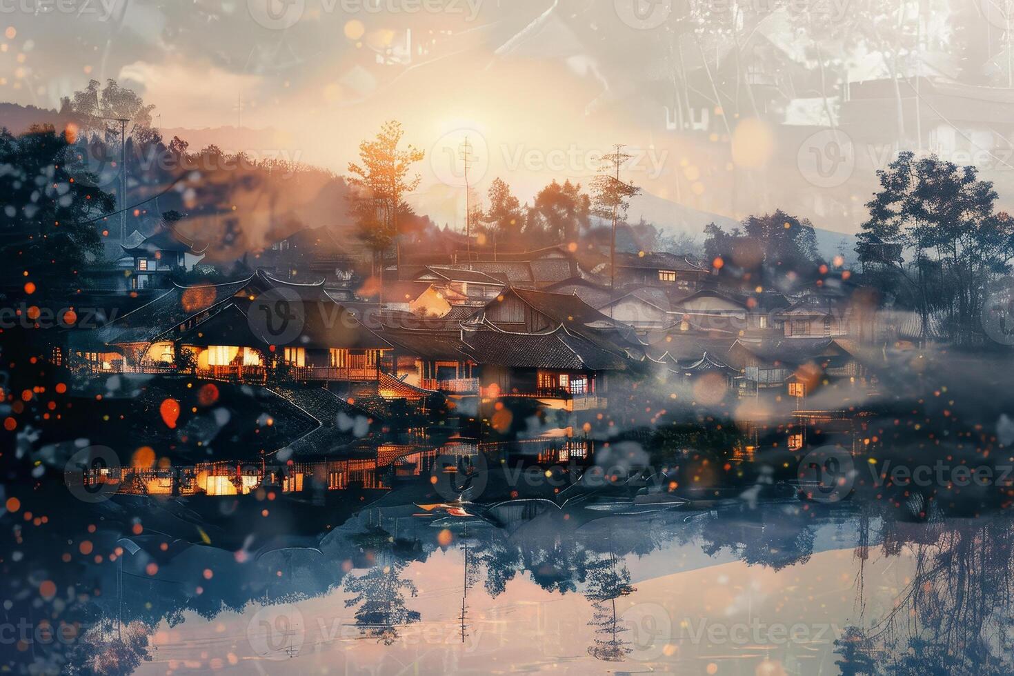 A tranquil village sits by the water, illuminated by the warm glow of evening lights. Mist surrounds the traditional houses, creating a peaceful atmosphere at sunset photo