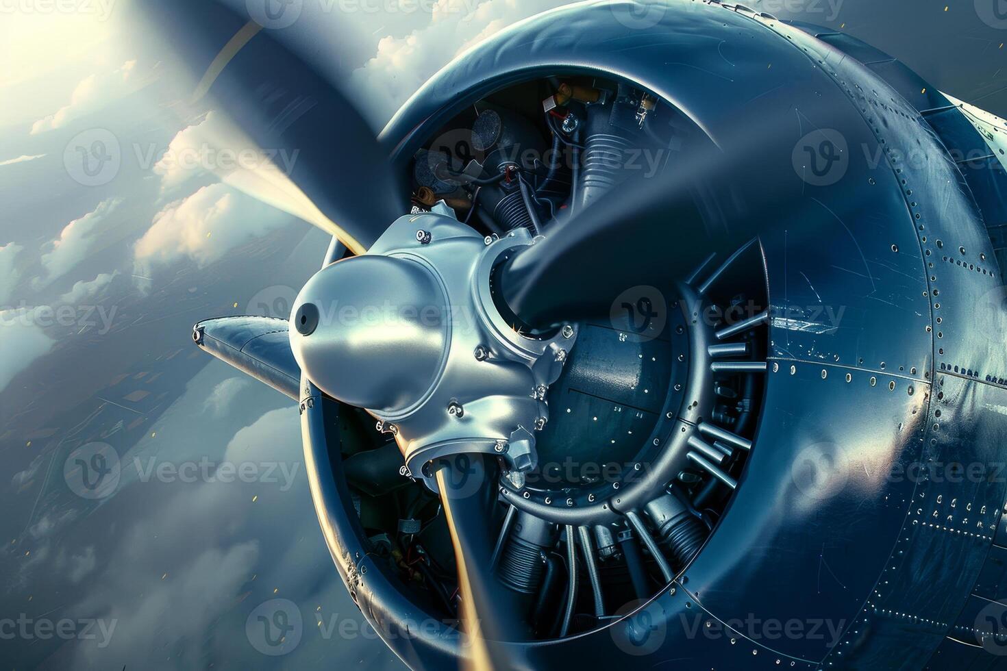 A vintage aircraft propeller spins rapidly, capturing the golden hues of a sunset reflected on its polished metal surface, as it soars above fluffy white clouds photo