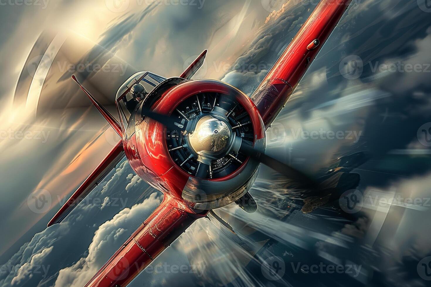 A striking red airplane slices through the clouds, demonstrating impressive aerial skills against a backdrop of a bright blue sky and wispy clouds, showcasing its agility and speed photo