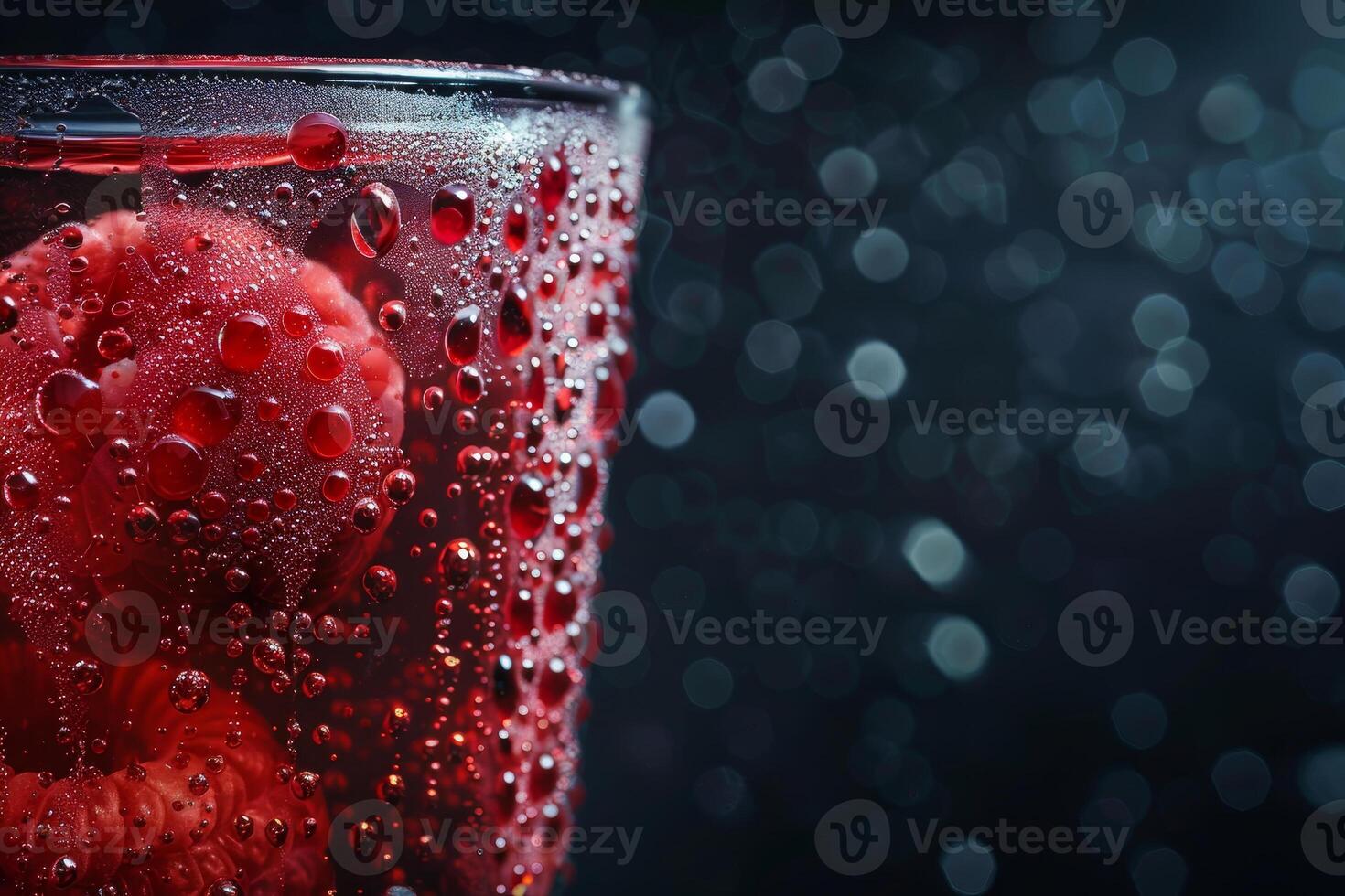 A sparkling drink filled with fresh raspberries rests in a glass, adorned with droplets of condensation, showcasing its refreshing appeal against a blurred dark backdrop photo