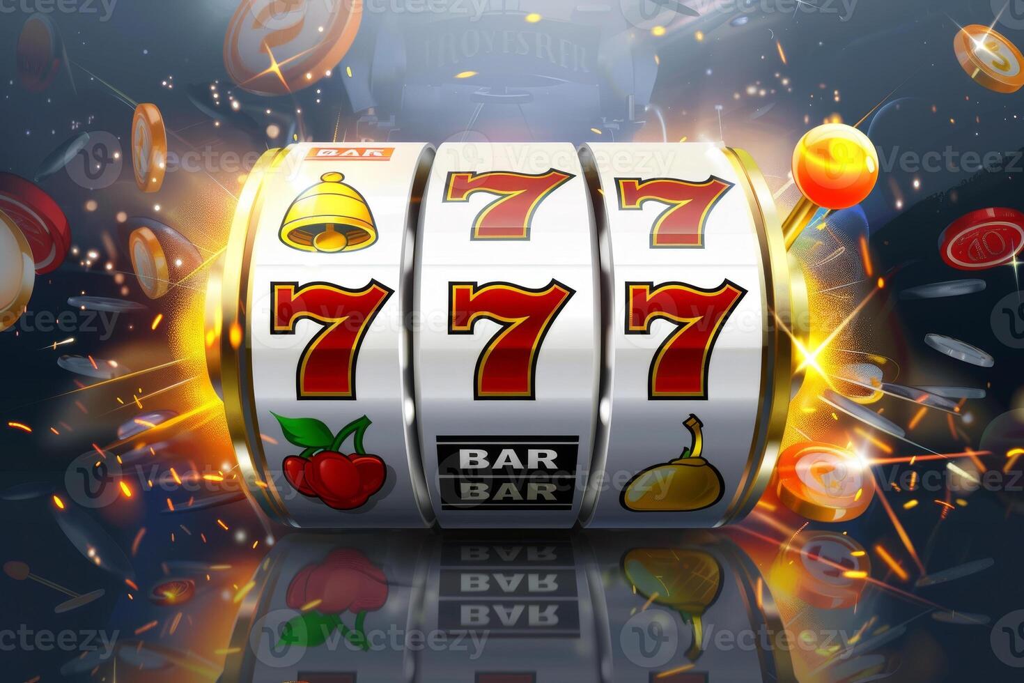 A player eagerly watches as the spinning reels align three matching symbols in a busy casino, surrounded by bright lights and sounds of excitement photo