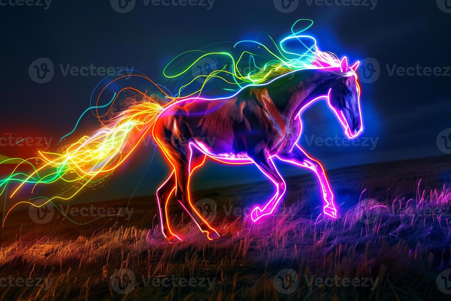 A majestic horse runs through a field at night, surrounded by a brilliant display of neon lights that create a stunning rainbow effect, showcasing its graceful movement photo