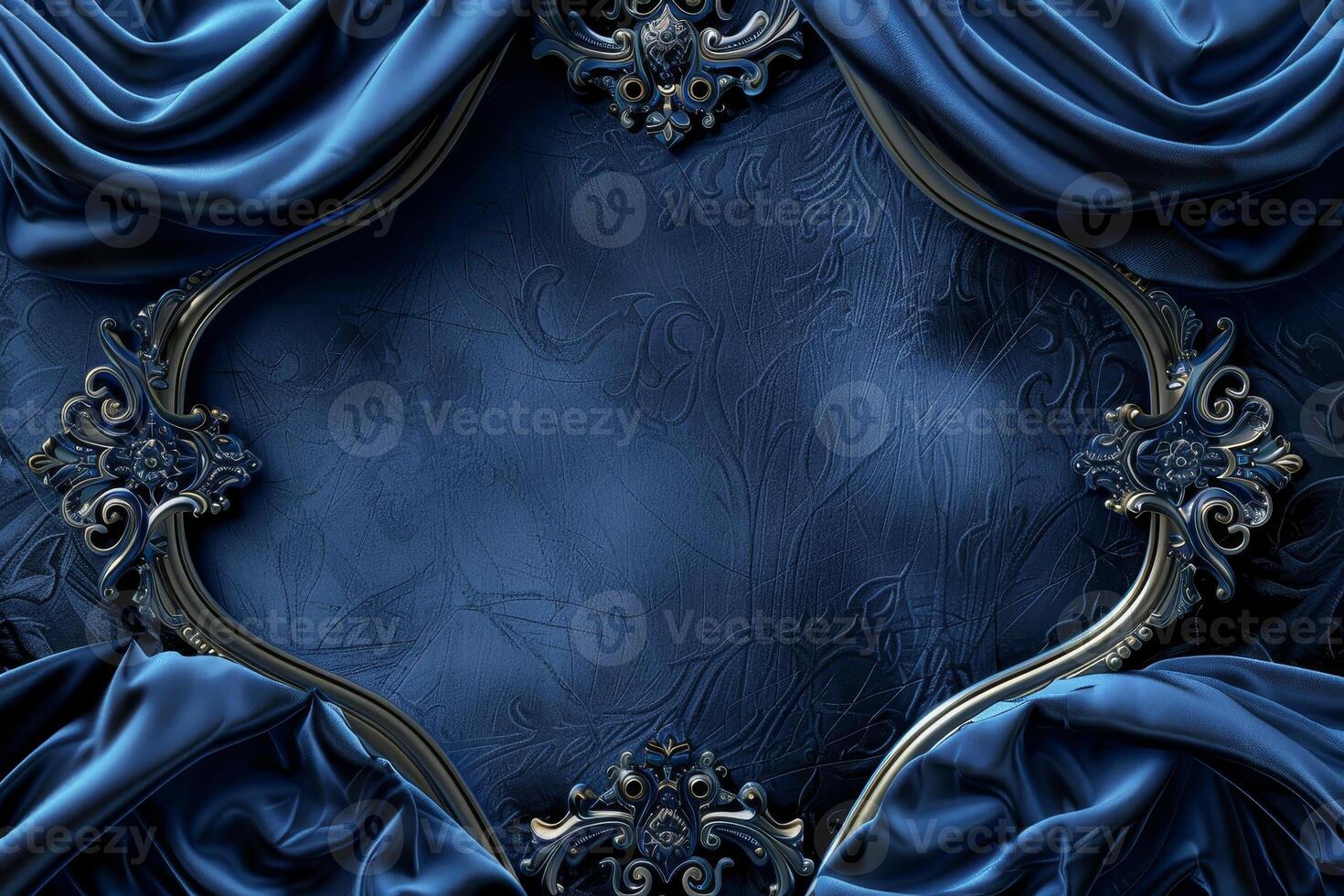 Rich blue velvet curtains create a luxurious frame around an elaborate decorative backdrop. The intricate design invites creativity and elegance for various uses photo