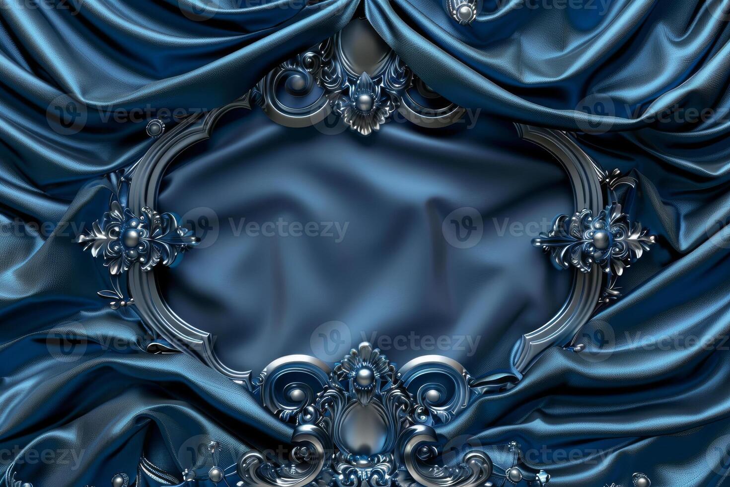 The luxurious blue fabric drapes elegantly, featuring intricate patterns and a decorative frame, setting a sophisticated indoor atmosphere photo