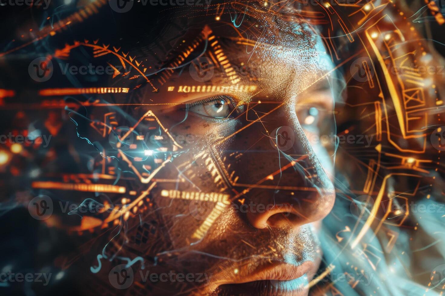 A contemplative individual gazes intently as intricate, glowing digital patterns envelop his face in a fusion of light and technology, illustrating a moment of inspiration photo