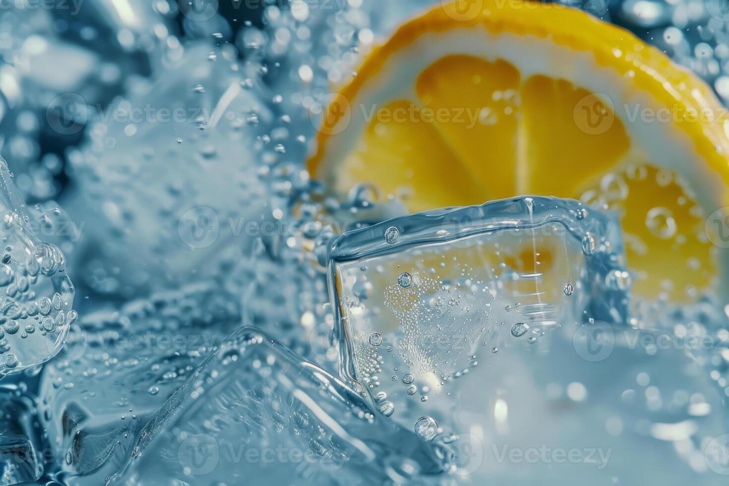 A close-up capturing a lemon slice resting atop ice cubes in sparkling water, with bubbles rising around, evoking a refreshing summer drink photo
