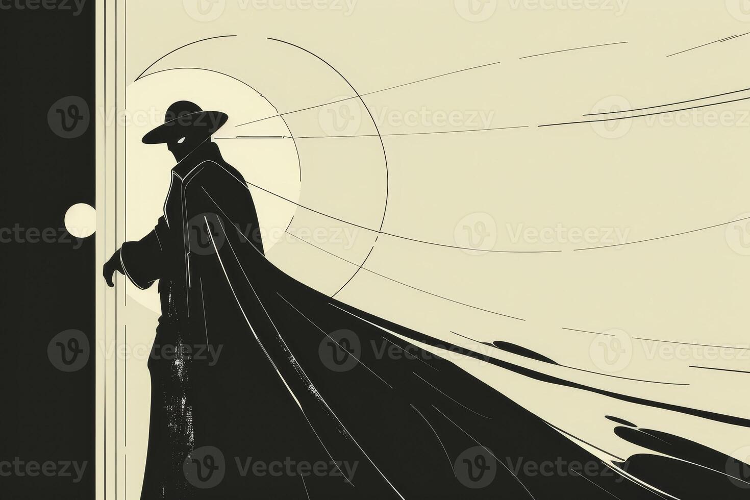 A cloaked figure enters a dimly lit space, their silhouette outlined by a warm glow. The figure's presence is both enigmatic and commanding, captivating the viewer's imagination photo