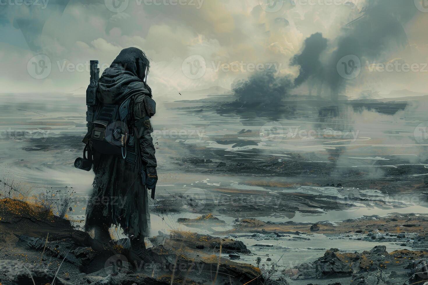 A solitary figure stands on a barren landscape, dressed in a worn cloak. Smoke rises from the horizon, hinting at destruction in the background under a moody sky photo