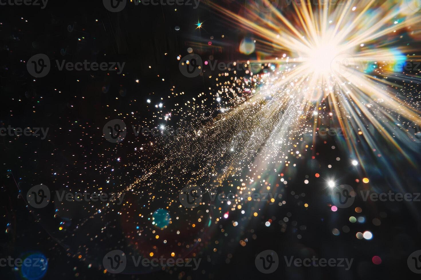 A bright light shines through a dark sky, illuminating the stars photo