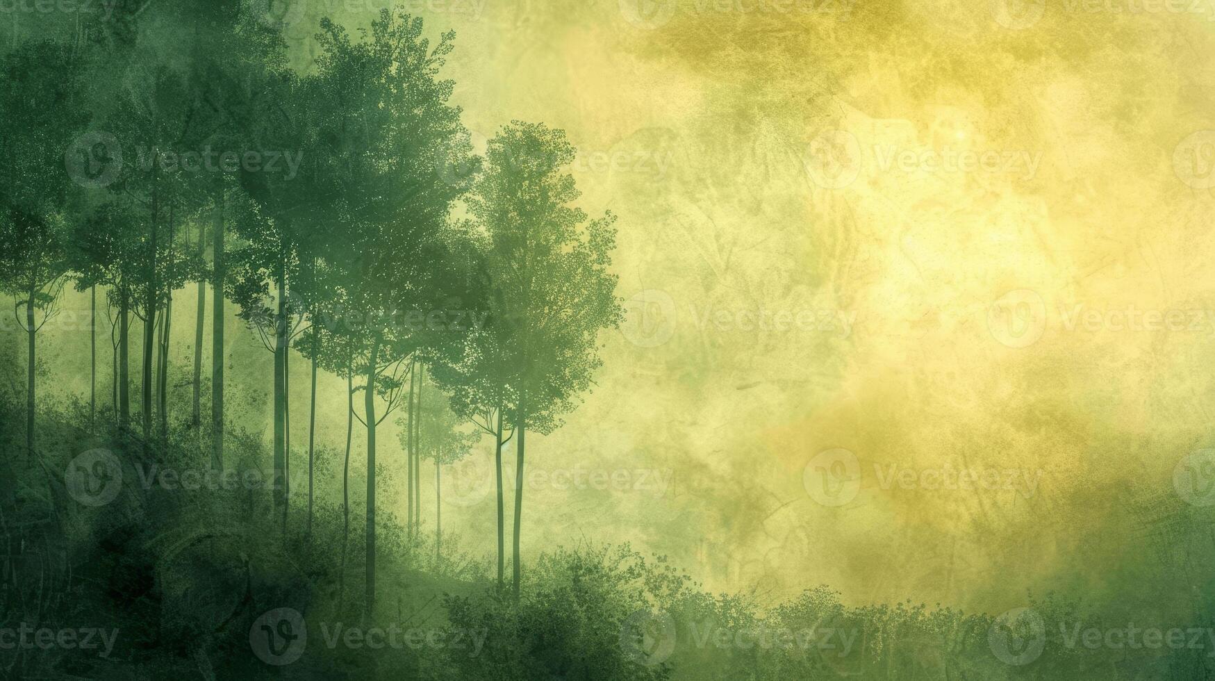 A painting of a forest with trees and a sky in the background photo