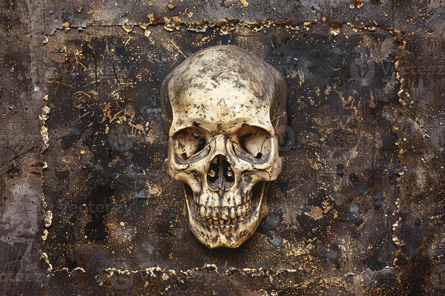 A skull is on a wall with a gold frame photo
