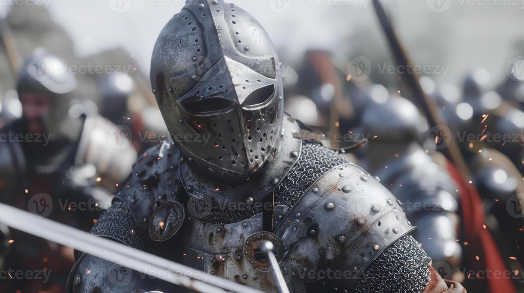 A man in a medieval knight costume is holding a sword photo