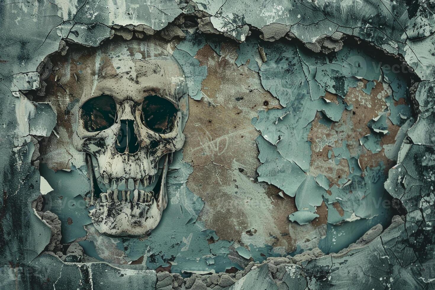 A skull is on a wall with a blue background photo