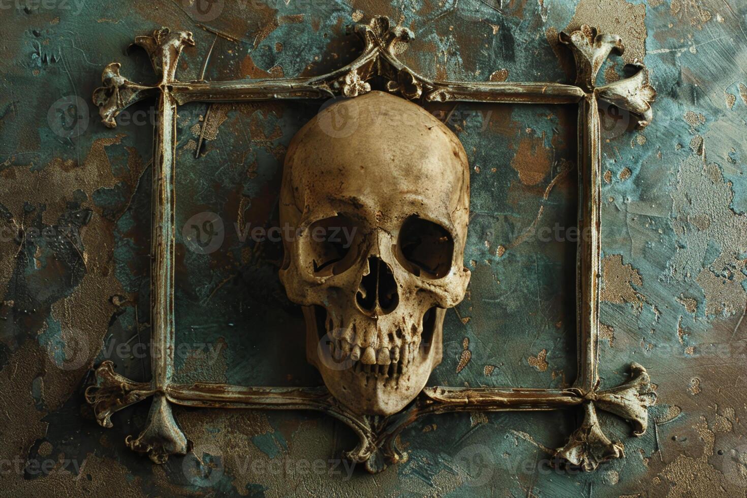A skull is hanging on a wall in a frame photo