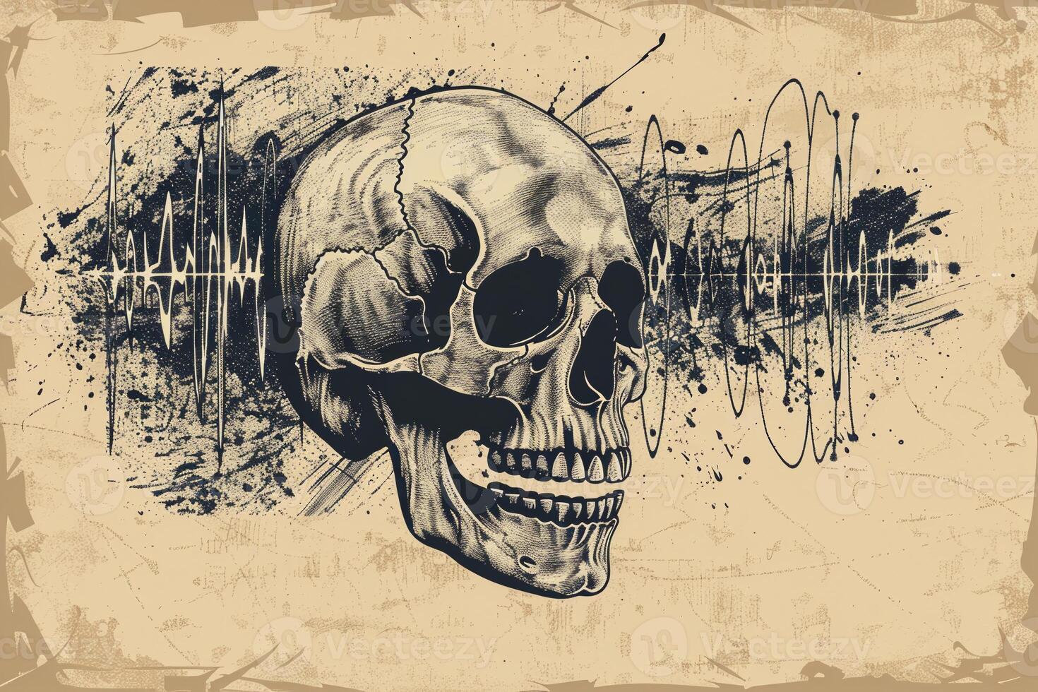 A skull with a smile on its face is drawn on a piece of paper photo
