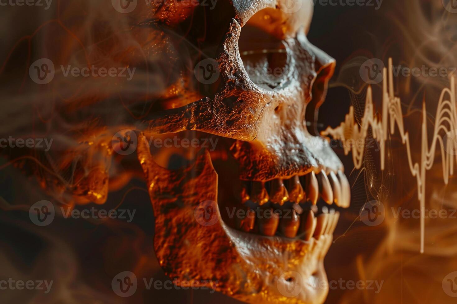 A skull with a mouth open and smoke coming out of it photo