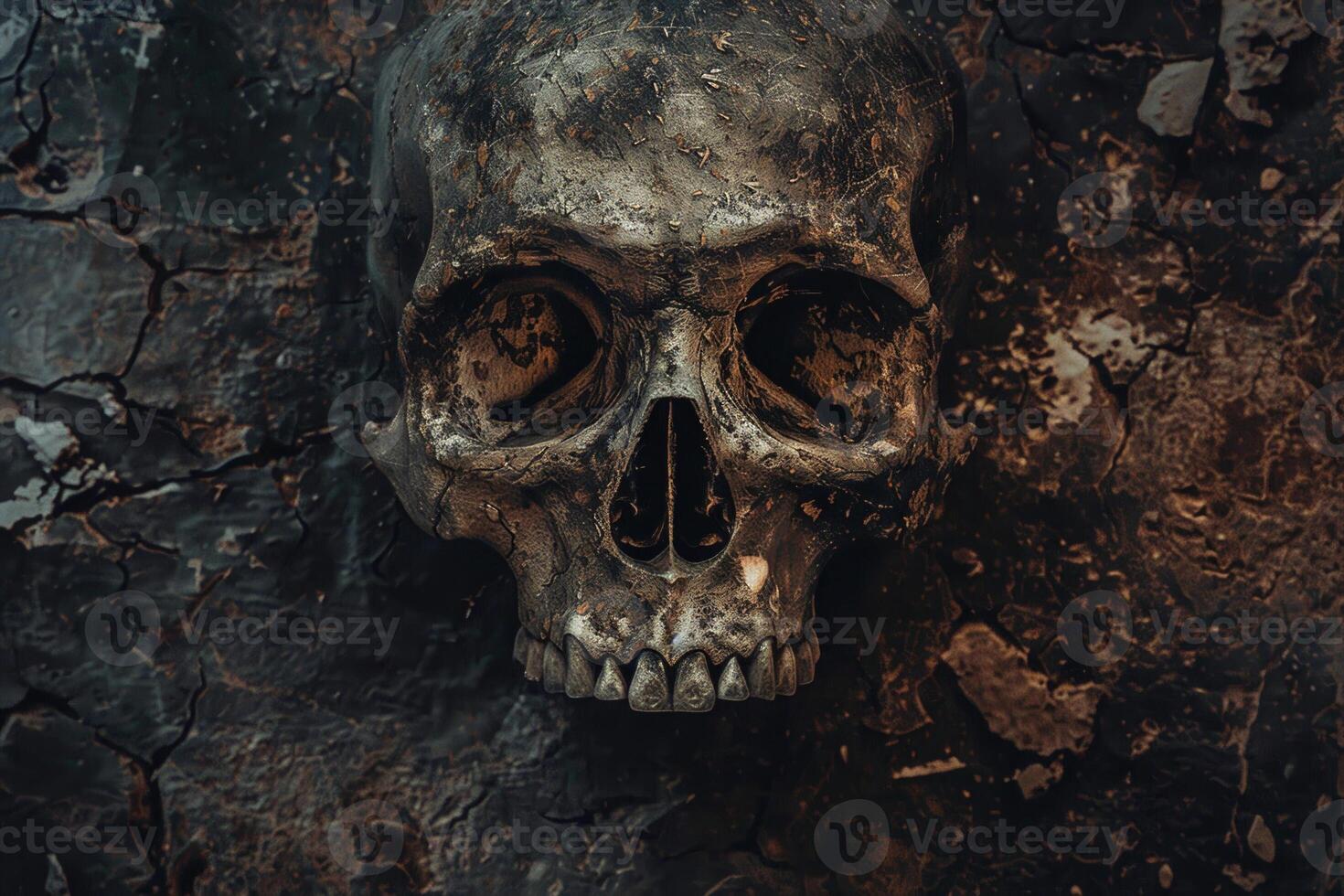 A skull is shown on a wall, with a dark background photo