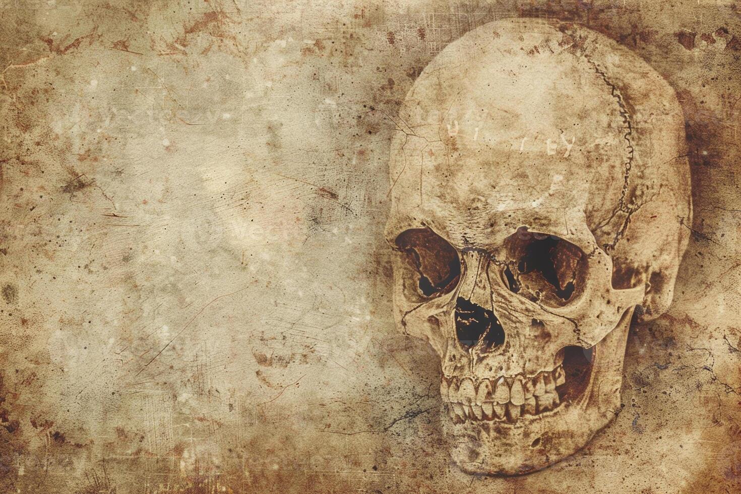 A skull is shown on a paper with a background that is faded and blurry photo
