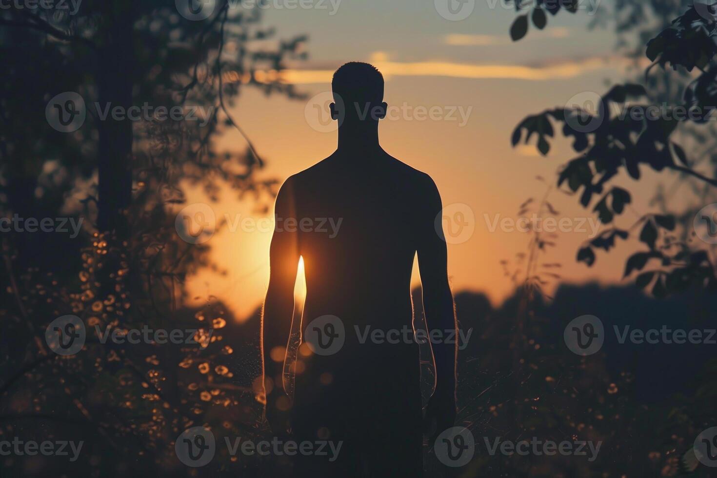 A man stands in a forest at sunset, silhouetted against the sky photo