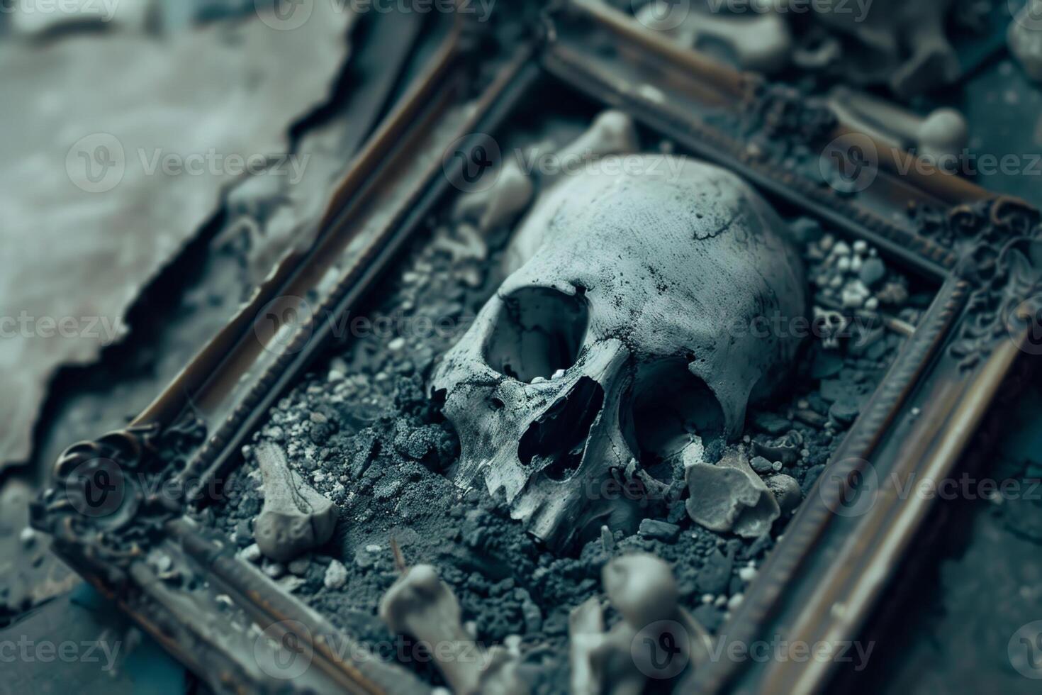 A skull is in a frame with some bones around it photo
