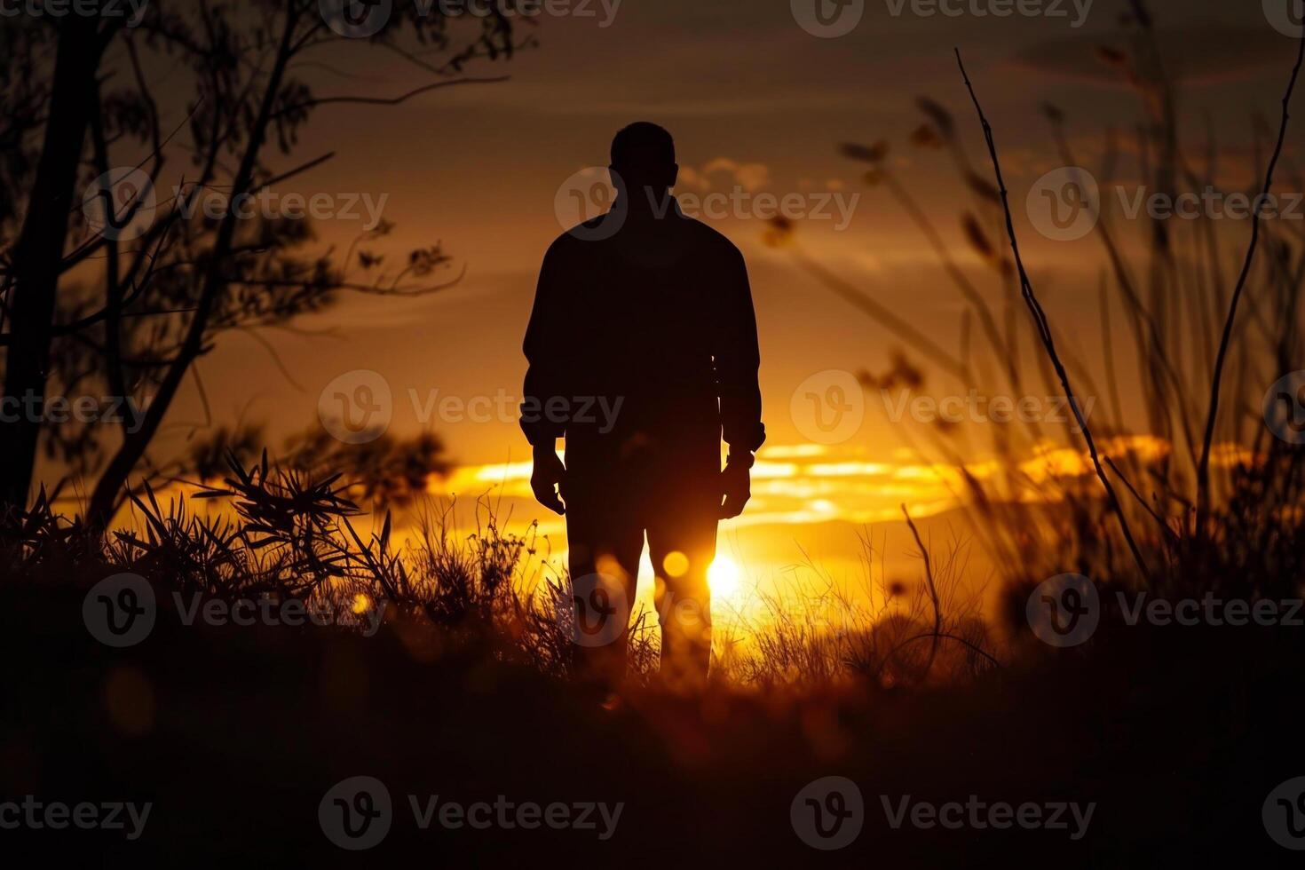 A man stands in a field at sunset, silhouetted against the sky photo