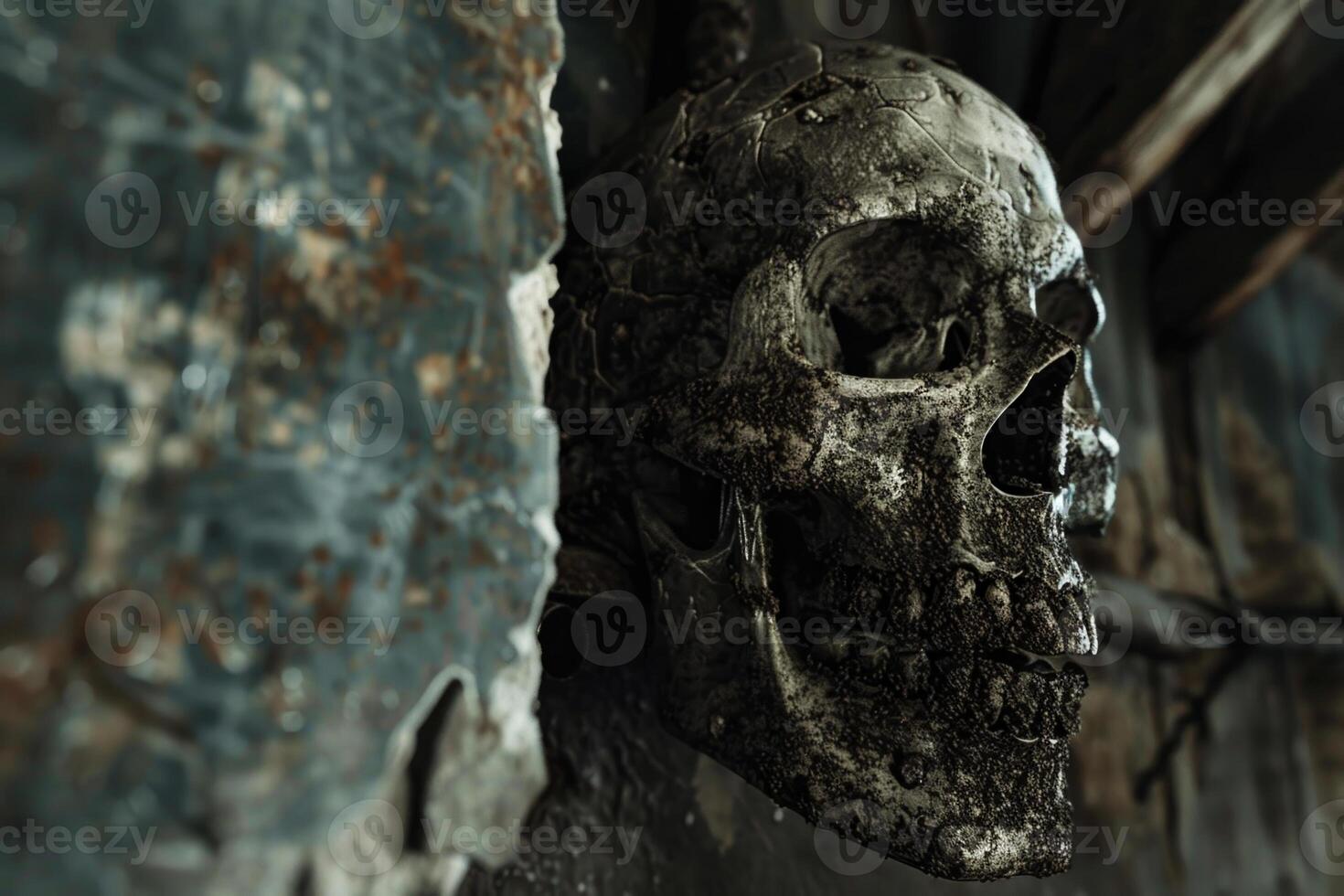 A skull is sitting on a wall, with its face showing photo