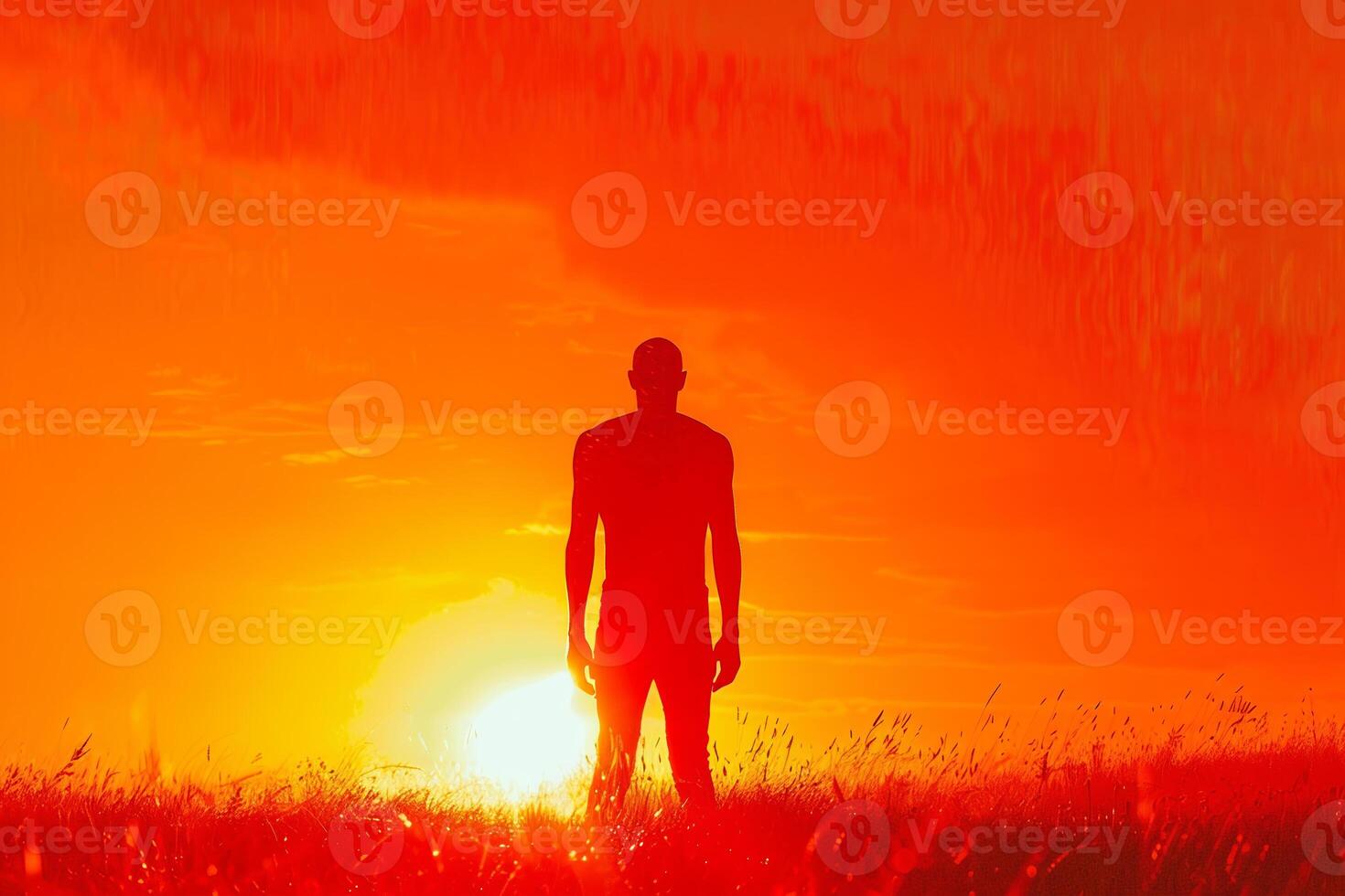 A man stands in a field of tall grass, looking out at the sun photo