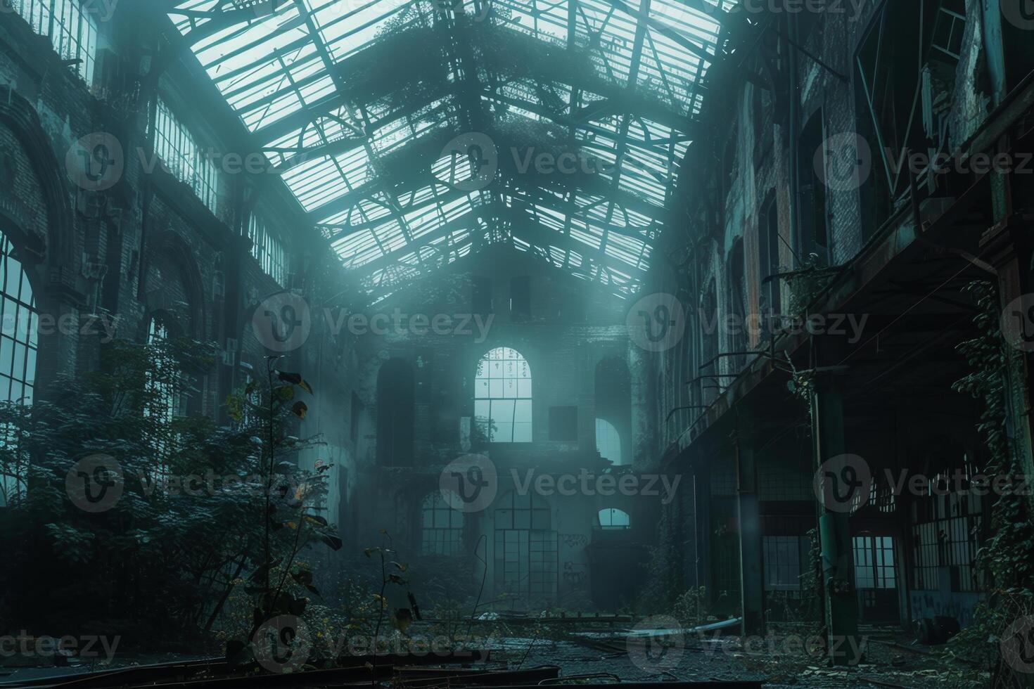 A dark, abandoned building with a large window and a tree growing out of it photo