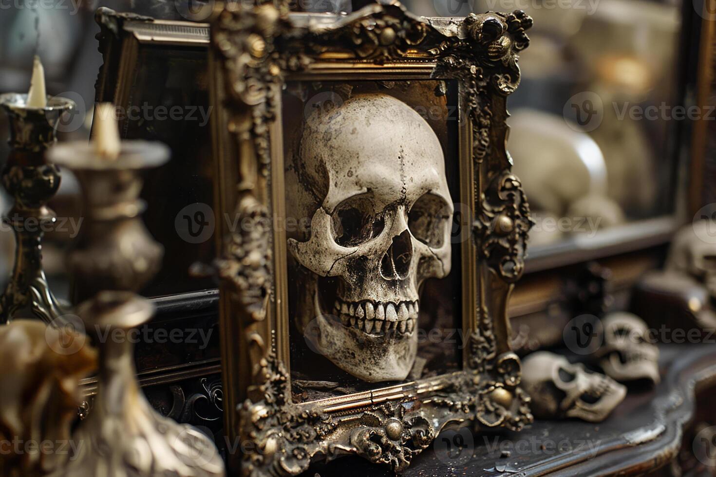 A skull is displayed in a frame on a table with candles and other skulls photo