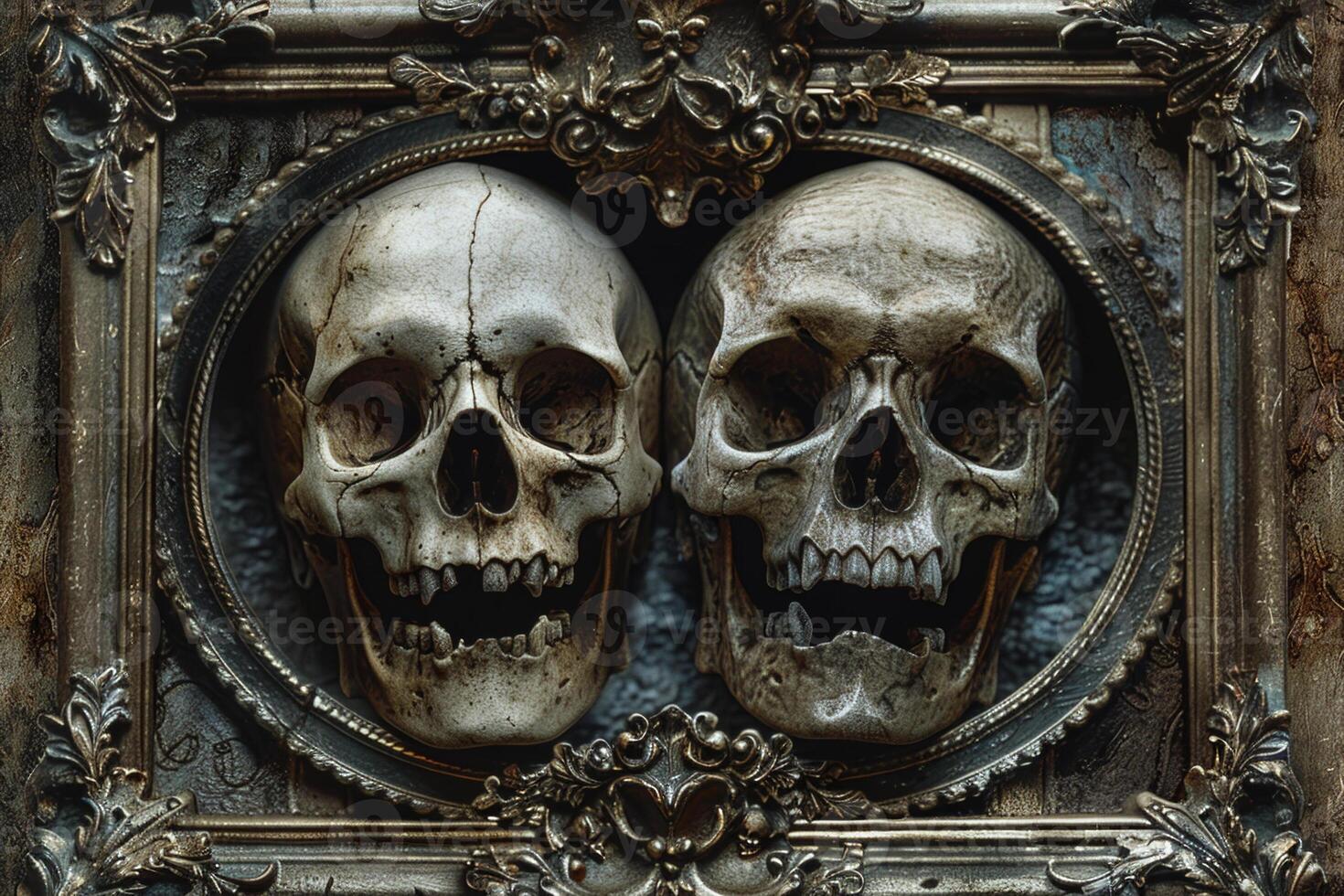 Two skulls are in a frame, one of which is smiling photo