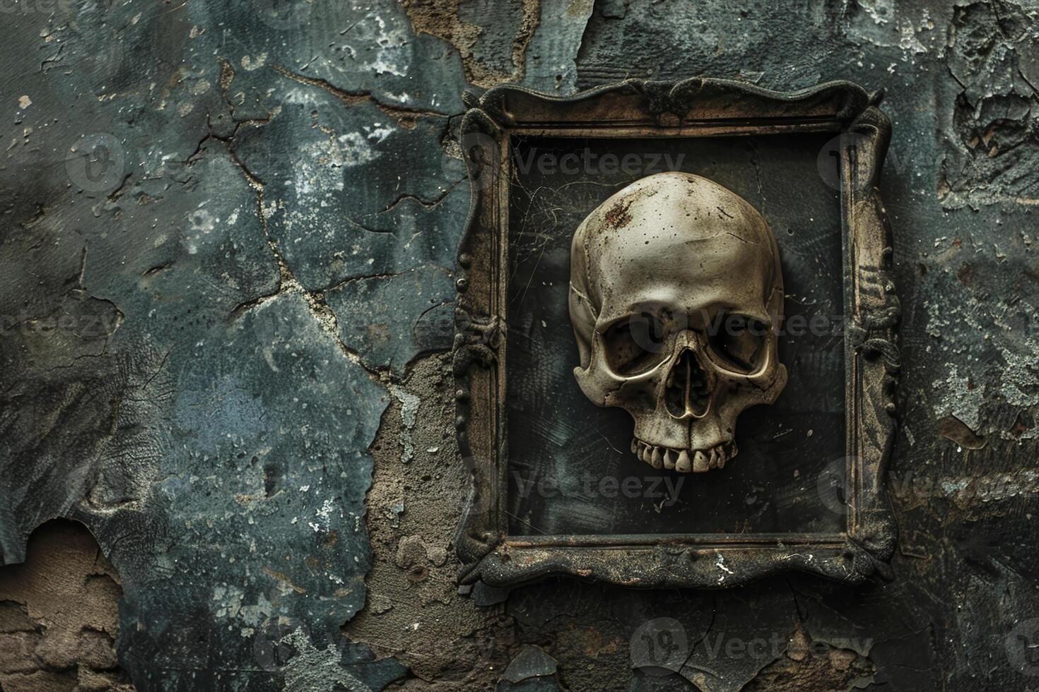 A skull is hanging on a wall in a frame photo