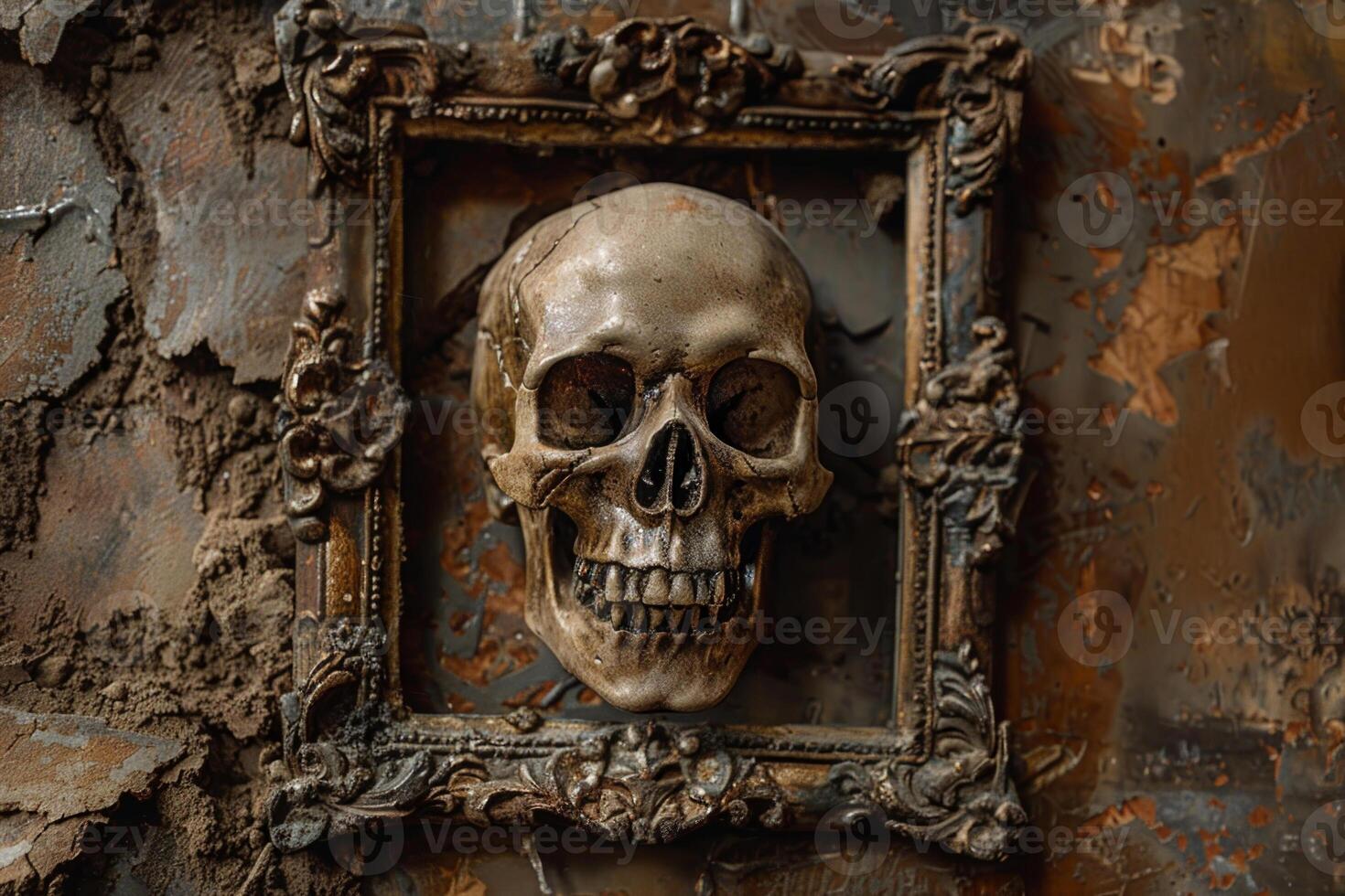 A skull is hanging on a wall in a frame photo
