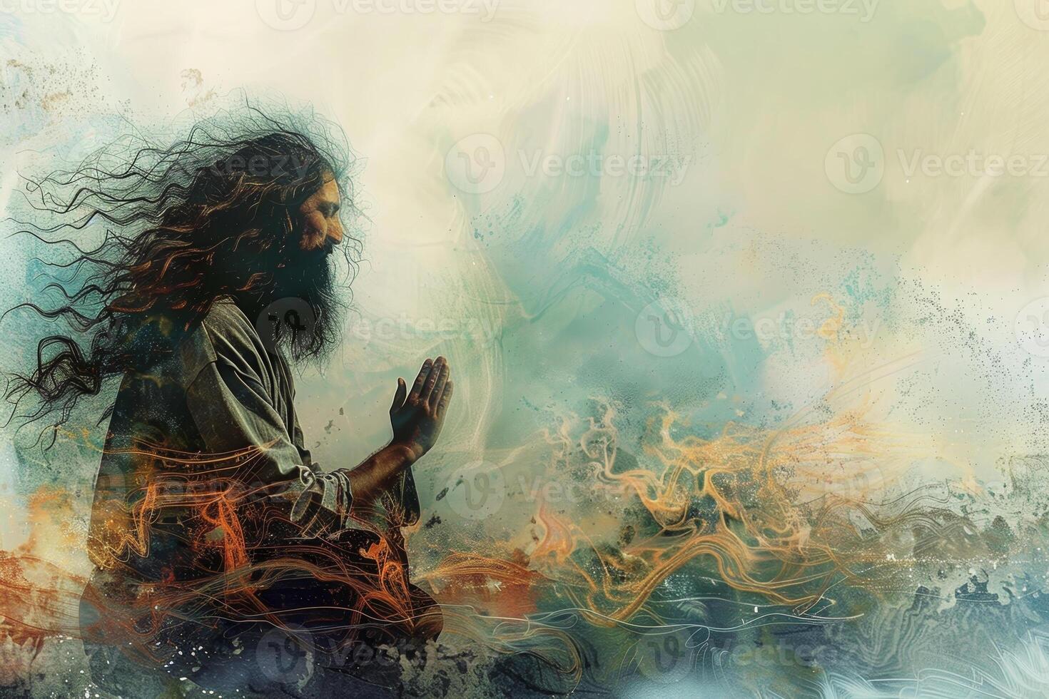A man with long hair is praying in front of a blue sky photo